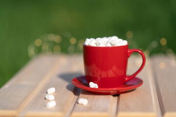 Red mug with cocoa or hot chocolate and marshmallows on a wooden table and green background