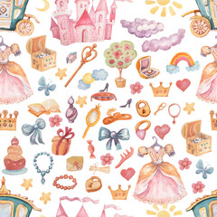 Fairy princess castle hand drawn watercolor illustration. Patern seamless set print textile background clipart for little girls for the holiday congratulations
