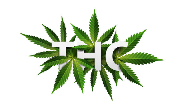 THC, logo, sign, symbol. 3D title decorated with cannabis leafs isolated on white background