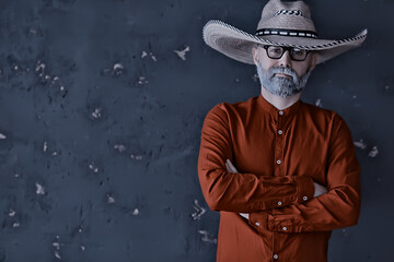 Obraz premium hipster guy in glasses with a gray beard in a hat with brim. emotionally posing model man