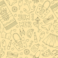 Vector seamless pattern brown lines cute icons. Signs summer fashion beachwear and accessories. Collection Summer fresh elements summer holiday party. Set collection for design print t-shirt, fabric