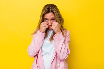 Young australian woman isolated whining and crying disconsolately.