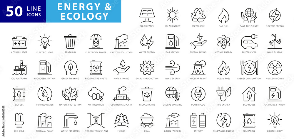 Wall mural set of green energy thin line icons. icons for renewable energy, green technology. design elements f