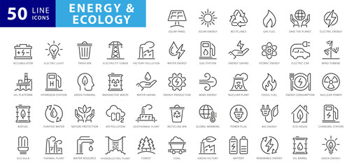 Set of green energy thin line icons. Icons for renewable energy, green technology. Design elements for you projects. Vector illustration - obrazy, fototapety, plakaty