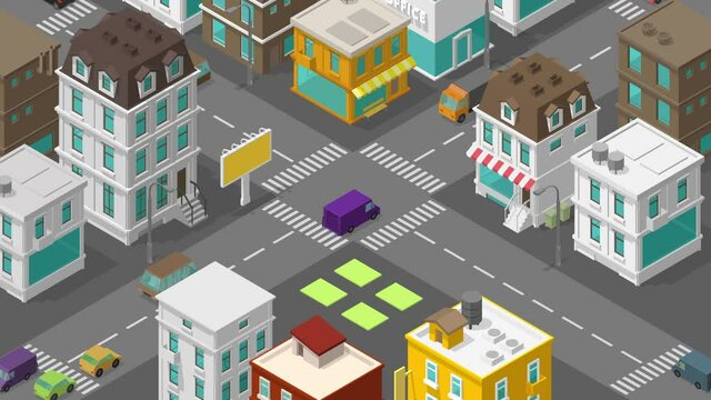 Road Intersection. Isometric city animation. Town district street. Seamless unending video loop. Cars moving. Buildings top view. Motion graphics footage.