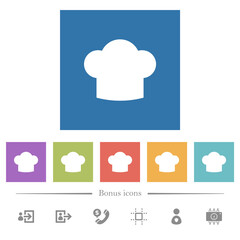 Chef hat flat white icons in square backgrounds