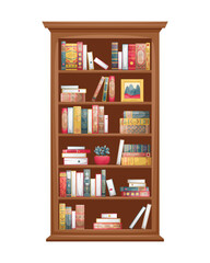 Isolated illustration of a wooden bookcase with books. Book spines in retro style.