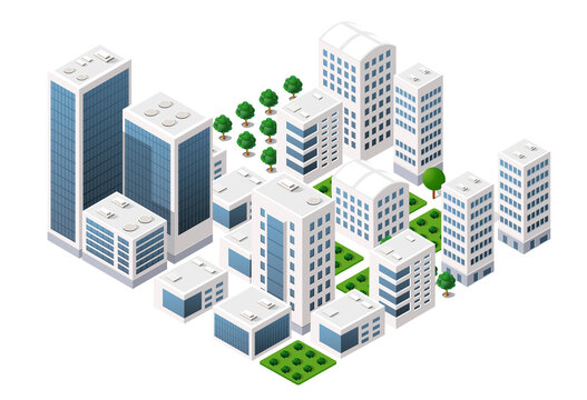 Isometric vector downtown skyscraper illustration of a modern