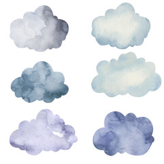 set of clouds, sky, childrens illustration in watercolor on a white background