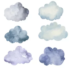 Foto op Canvas set of clouds, sky, childrens illustration in watercolor on a white background © Ilona