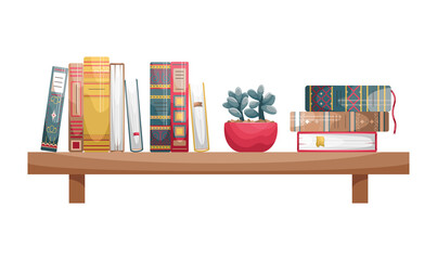 Books with retro-style covers on a wall bookshelf with a flower pot.