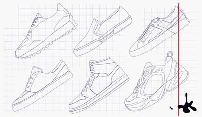 Sketch of  set shoes drawing on paper. Vector art cartoon.