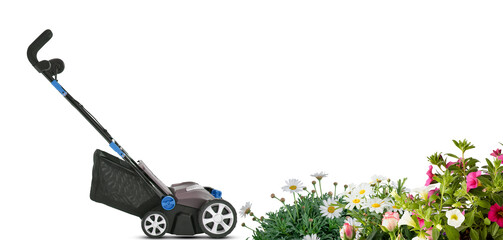 Lawn mower with beautiful bouquets flowers isolated on white background​ with​ cutout and​ clipping​ path​