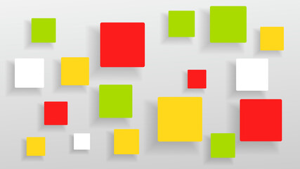 Colorful and different size square shapes with shadow are on white background for your text