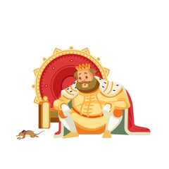 Sad, bankrupt king character sits near the throne. Mournful, pensive, pessimistic, melancholy, joyless, plaintive, cheerless. Emperor, Monarch of the medieval king. Cartoon vector illustration