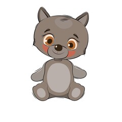 Little wolf cub. Isolated object on a white background. Cheerful kind animal child. Cartoons flat style. Funny. Vector