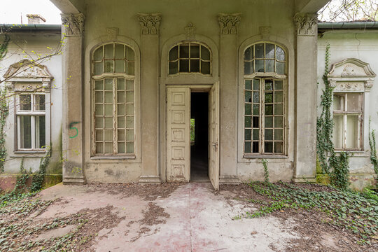 Becej, Serbia - May 01, 2021: The summer house of the noble family Gombos left to the ravages of time. It was built at the beginning of the 20th century