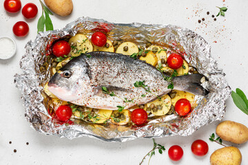 Raw fish with potatoes, tomatoes, and herbs in foil. Uncooked dorada (gilt-head bream) with vegetables in foil on a gray concrete background top view.