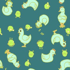 Chickens and chicks. Seamless illustration. Cartoon sketch style. Hand outline drawing cheerful funny animal. vector