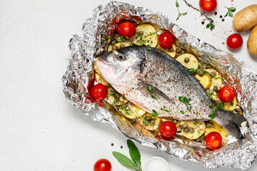 Raw fish with potatoes, tomatoes, and herbs in foil. Uncooked dorada (gilt-head bream) with vegetables in foil on a gray concrete background top view.