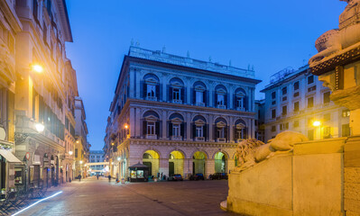 Evening view of Piazza San Lorenzo and Bentinelli Sauli Palace in Genoa, Italy