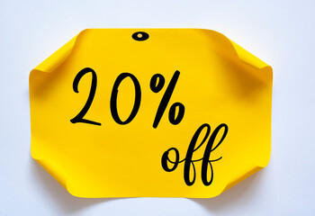 20% OFF Discount Sticker. Sale Yellow Tag Isolated. Discount Offer Price Label