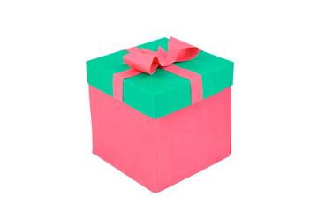 A pink color hand made paper box decorated with different colored ribbons