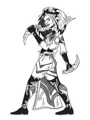 Young female amazon warrior poses in a combat stance with kerambit knives. Black and white vector illustration
