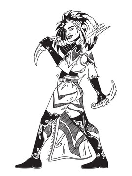 Young female amazon warrior poses in a combat stance with kerambit knives. Black and white vector illustration