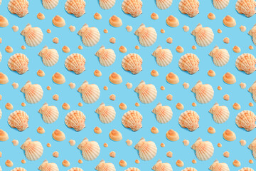 Colorful pattern seashells on a blue background. Summer pattern.