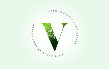 Exotic Letter V Logo with Palm Tree Leaf Pattern Texture Design Logo Icon. Creative Palm Tree Letter Logo.