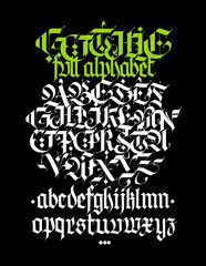 Full alphabet in the Gothic style. Letters and symbols on a black background. Calligraphy and lettering. Medieval Latin letters. Individual letters. Elegant font for tattoo. A set for inspiration.