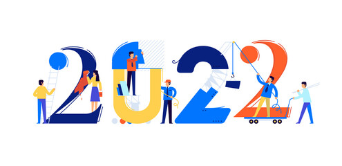 Office staff are preparing to meet the new year 2022. Cartoon characters repair the numbers. Image is isolated on white background. Flat illustration for banner and site.
