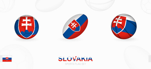 Fototapeta premium Sports icons for football, rugby and basketball with the flag of Slovakia.