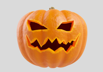 Halloween pumpkin on a light background. Orange pumpkin with  smile for your design for  holiday halloween. Halloween pumpkin 3d in form of a jack lamp. All Hallows' Eve decor in form of jack lamp