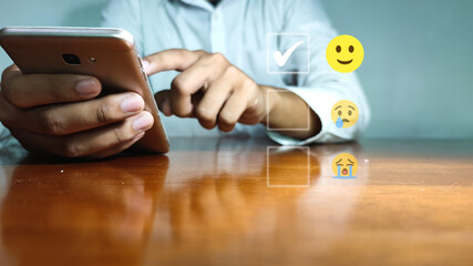 Customer Experience Concept, Best Excellent Services Rating for Satisfaction present by hand of Client pressing Five Star and smile face.