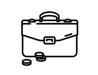 Briefcase outline icon with coins. Investments and loans. Trading on the stock exchange. Investment portfolio.  The image is isolated on a white background.