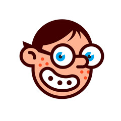 Geek nerd with glasses. The head of the branded character for the logo. Kawaii cute blue-eyed hero. The image is isolated on a white background.