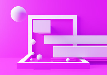 Geometric background. Abstract geometric. Abstraction with white blocks and bubbles. Background is pink. 3d abstract texture. Geometric pattern for background. Texture three-dimensional.