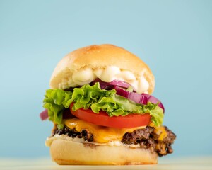 Handmade burger in a blue background