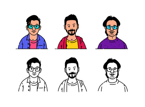 Young people avatars in minimalistic style. Botanists, geeks and hipsets, brand characters for the logo. Vector. Fashionable modern style. The image is isolated on a white background.