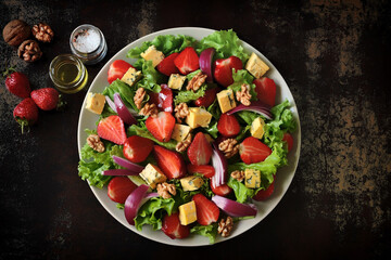 Delicious delicacy salad with strawberries and blue cheese. Healthy lunch. Wine appetizer.