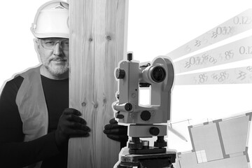 Surveyor engineer next to theodolite. Portrait of a builder near optical level. Surveyor's apparatus in foreground. Equipment for geodetic works. Black and white portrait of a surveyor engineer.