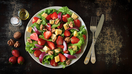 Delicious delicacy salad with strawberries and blue cheese. Healthy lunch. Wine appetizer.