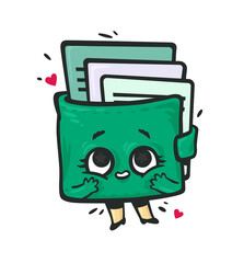 Wallet in the form of a kawaii character with cards. Green wallet with eyes, arms and legs in awe of the contents.  Illustration for investment.