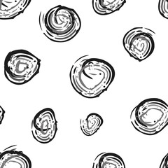 Scribbled painterly inky circle vector seamless pattern background. Hand drawn brush stroke circles monochrome backdrop. Modern funky abstract all over print for fabric, packaging and wellness concept