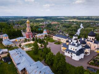 Scenic aerial view of Ascension David hermitage - Orthodox male monastery in Russian village of Novy Byt