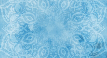 Soft blue watercolour background with white mandala decoration - textured