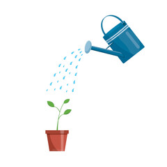 Garden watering can is watering a flower. Garden tools, vector illustration