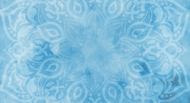 Soft blue watercolour background with white mandala decoration - textured